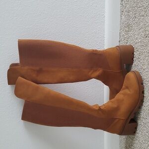 Just Fab Chunky Heel Tall Boot, Rust/cognac.